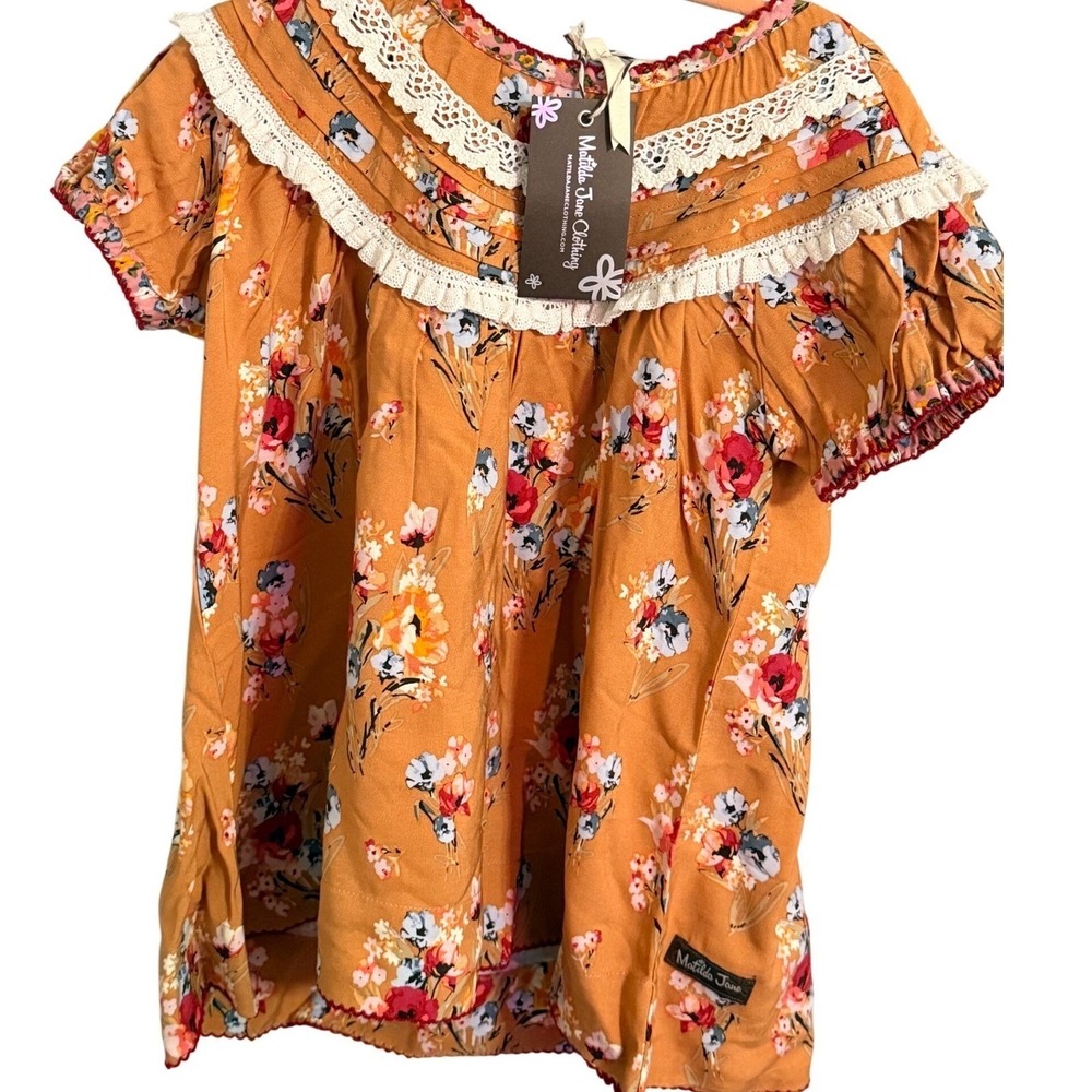 Matilda Jane Girls Floral Lace Orange Button Front Top Shirt Size 6